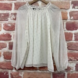 Talbots Top Womens L White Square Clip Dot Ruffle Neck Sheer Casual Career Shirt